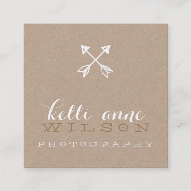 Tarjeta De Visita Cuadrada BOHO ARROW LOGO rústico kraft blanco moderno (Anverso)