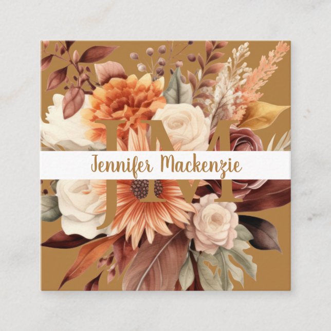 Tarjeta De Visita Cuadrada Boho Beige Gold Floral (Anverso)