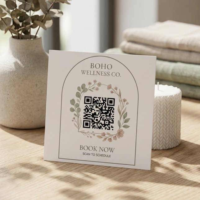 Tarjeta De Visita Cuadrada Boho Botanical Arched QR Code Square (Luxe Boho Business Card for Wellness & Creative Pros | Modern Botanical Design)
