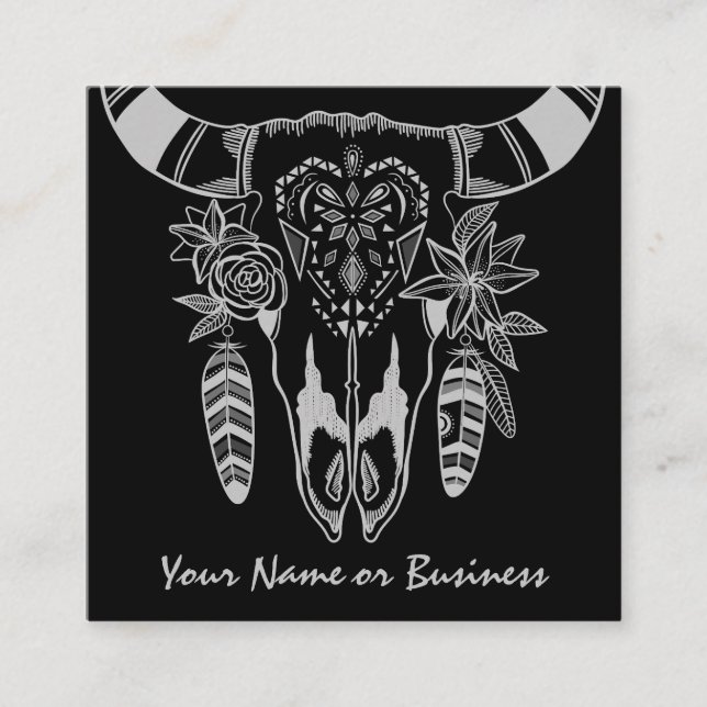 Tarjeta De Visita Cuadrada Boho Cow Skull Bohemias Blanco y Negro (Anverso)