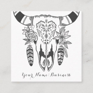 Tarjeta De Visita Cuadrada Boho Cow Skull Gris y Bohemias Blancas