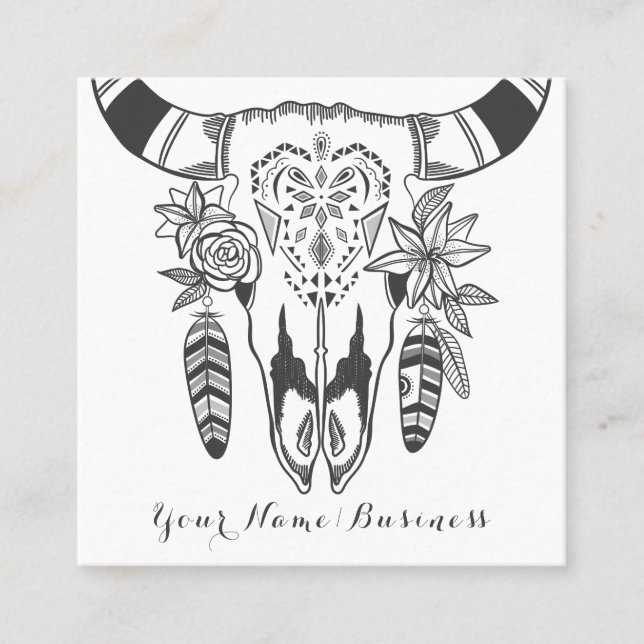 Tarjeta De Visita Cuadrada Boho Cow Skull Gris y Bohemias Blancas (Anverso)