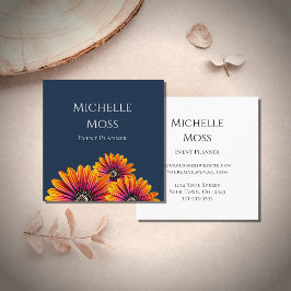 Tarjeta De Visita Cuadrada Boho Daisies Botanner Event Planner Navy Blue