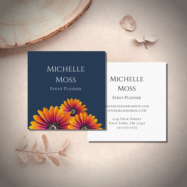 Tarjeta De Visita Cuadrada Boho Daisies Botanner Event Planner Navy Blue (Subido por el creador)