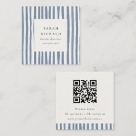 Tarjeta De Visita Cuadrada Boho Dusky Blue Hand Drawn Strips QR Code
