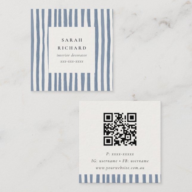 Tarjeta De Visita Cuadrada Boho Dusky Blue Hand Drawn Strips QR Code (Anverso / Reverso)