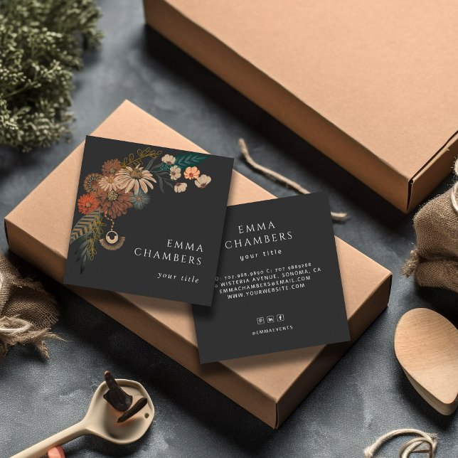 Tarjeta De Visita Cuadrada Boho Floral Black Business Card (Subido por el creador)
