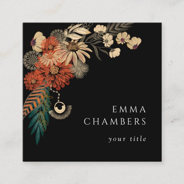 Tarjeta De Visita Cuadrada Boho Floral Black Business Card (Anverso)