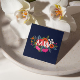 Tarjeta De Visita Cuadrada Boho Floral Bouquet - Azul marino - Monograma