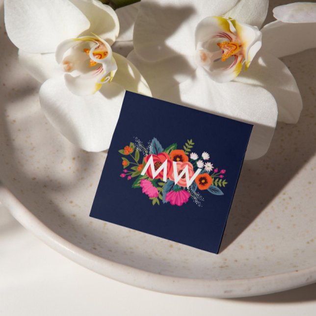 Tarjeta De Visita Cuadrada Boho Floral Bouquet - Azul marino - Monograma (Subido por el creador)
