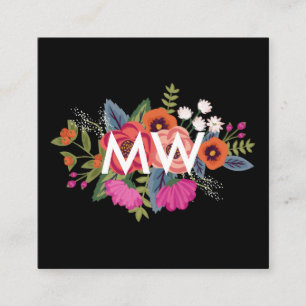 Tarjeta De Visita Cuadrada Boho Floral Bouquet Black Background Monograma