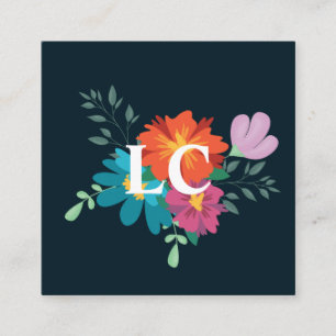 Tarjeta De Visita Cuadrada Boho Floral Bouquet Monograma Azul