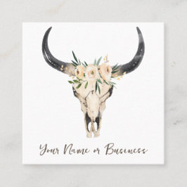 Tarjeta De Visita Cuadrada Boho Floral Cow Skull en blanco