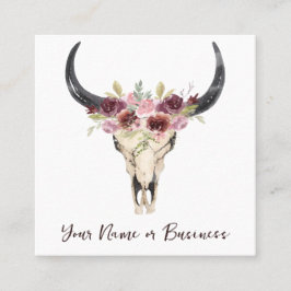 Tarjeta De Visita Cuadrada Boho Floral Cow Skull en blanco