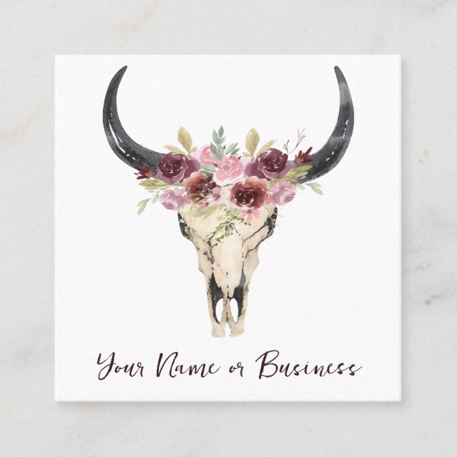 Tarjeta De Visita Cuadrada Boho Floral Cow Skull en blanco (Anverso)