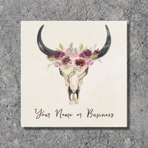 Tarjeta De Visita Cuadrada Boho Floral Cow Skull en Crema Natural