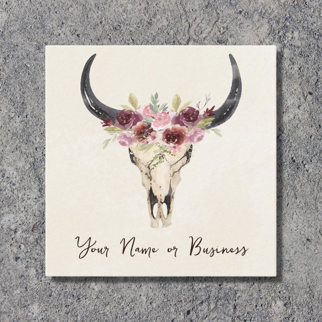 Tarjeta De Visita Cuadrada Boho Floral Cow Skull en Crema Natural (Subido por el creador)