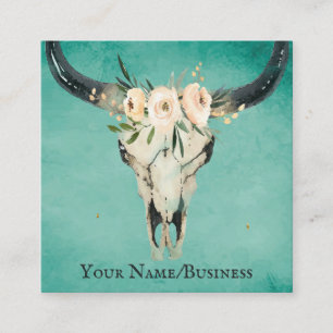 Tarjeta De Visita Cuadrada Boho Floral Cow Skull on Turquoise