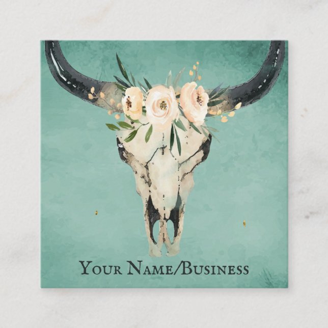 Tarjeta De Visita Cuadrada Boho Floral Cow Skull on Turquoise (Anverso)