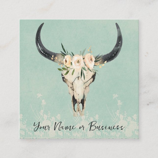 Tarjeta De Visita Cuadrada Boho Floral Cow Skull on Turquoise (Anverso)