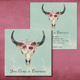 Tarjeta De Visita Cuadrada Boho Floral Cow Skull on Turquoise