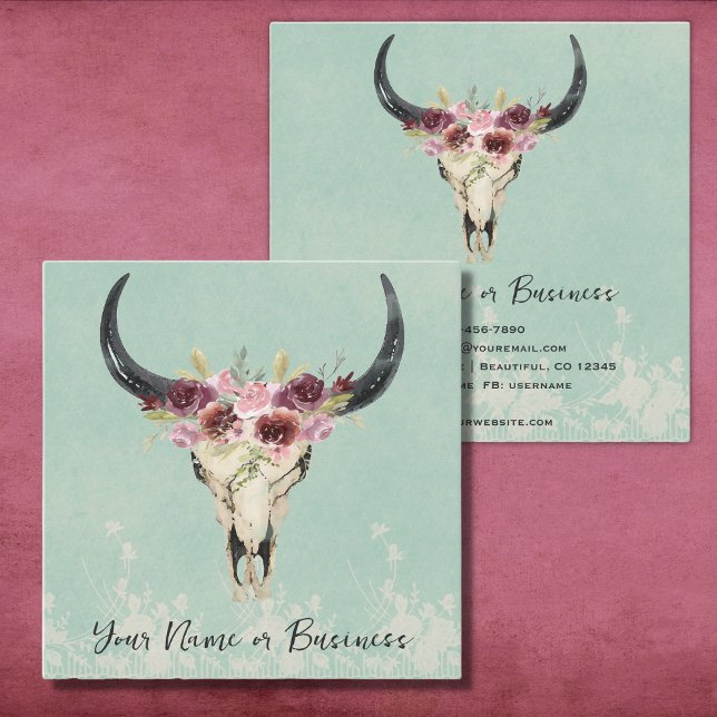 Tarjeta De Visita Cuadrada Boho Floral Cow Skull on Turquoise (Subido por el creador)
