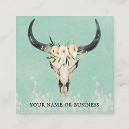 Tarjeta De Visita Cuadrada Boho Floral Cow Skull on Turquoise