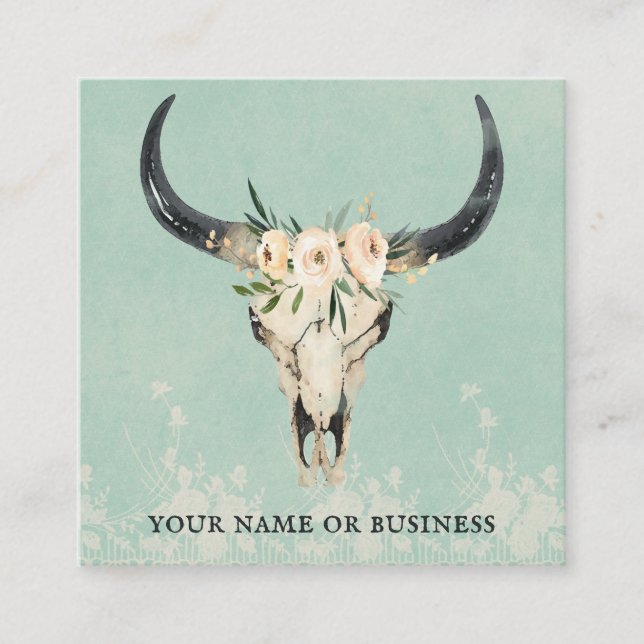 Tarjeta De Visita Cuadrada Boho Floral Cow Skull on Turquoise (Anverso)