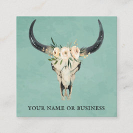 Tarjeta De Visita Cuadrada Boho Floral Cow Skull on Turquoise