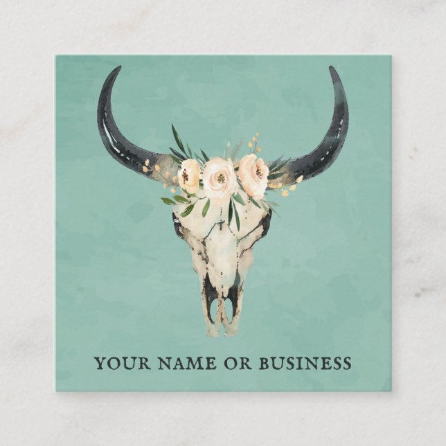 Tarjeta De Visita Cuadrada Boho Floral Cow Skull on Turquoise (Anverso)