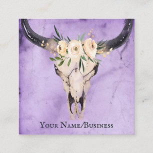 Tarjeta De Visita Cuadrada Boho Floral Cow Skull sobre fondo morado