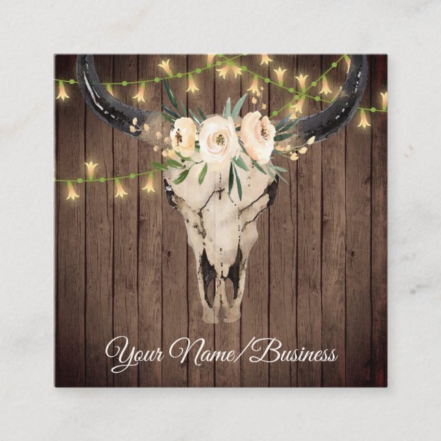 Tarjeta De Visita Cuadrada Boho Floral Cow Skull, String Lights on Barnwood (Anverso)