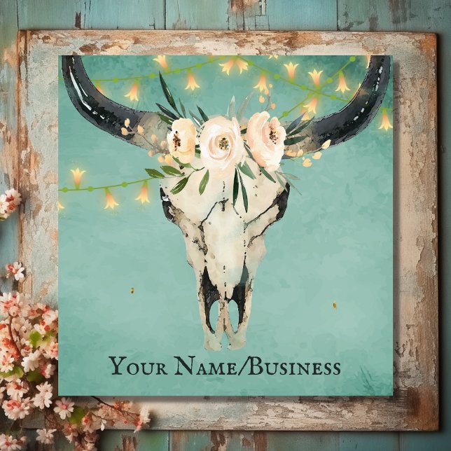 Tarjeta De Visita Cuadrada Boho Floral Cow Skull, String Lights on Turquoise (Front - Boho Floral Cow Skull, String Lights on Turquoise Square Business Card)