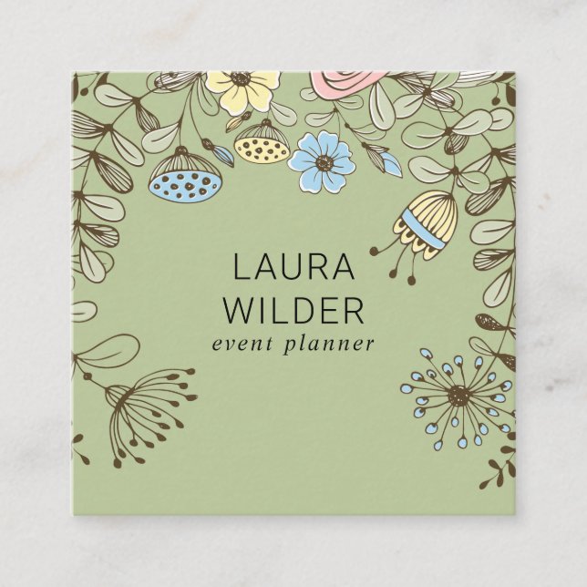 Tarjeta De Visita Cuadrada Boho Floral Event Planner (Anverso)