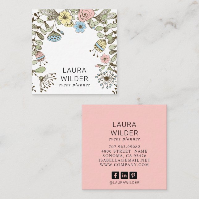 Tarjeta De Visita Cuadrada Boho Floral Event Planner Pink Square Business (Anverso / Reverso)