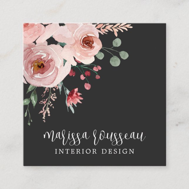 Tarjeta De Visita Cuadrada Boho floral rosa del diseñador interior negro (Anverso)