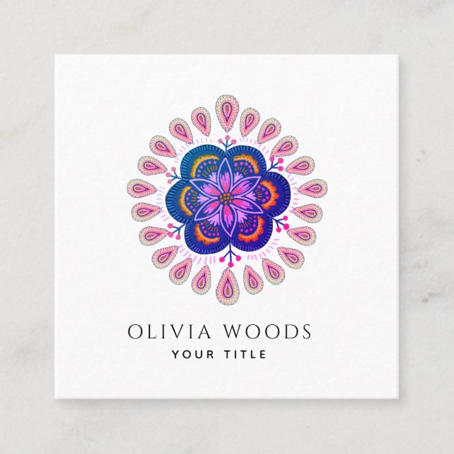 Tarjeta De Visita Cuadrada Boho Floral Violeta Rosa (Anverso)