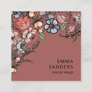 Tarjeta De Visita Cuadrada Boho Floral Y Foliage Copper Brown
