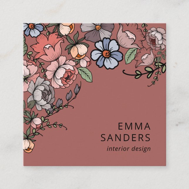 Tarjeta De Visita Cuadrada Boho Floral Y Foliage Copper Brown (Anverso)