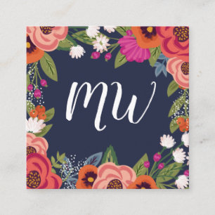 Tarjeta De Visita Cuadrada Boho Florals - Azul marino y coral - Monogramado