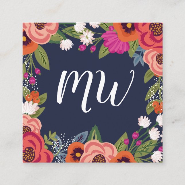 Tarjeta De Visita Cuadrada Boho Florals - Azul marino y coral - Monogramado (Anverso)