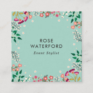Tarjeta De Visita Cuadrada Boho Flores Silvestres - Azul Huevo de Robin