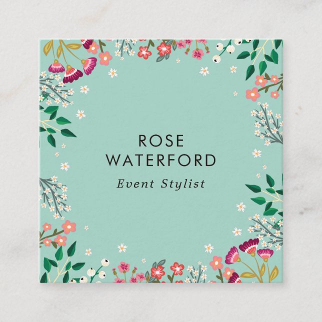 Tarjeta De Visita Cuadrada Boho Flores Silvestres - Azul Huevo de Robin (Anverso)