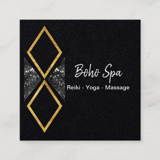 Tarjeta De Visita Cuadrada Boho geométrico de oro y brillo (Anverso)