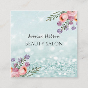 Tarjeta De Visita Cuadrada Boho Glam elegante moda acuarela purpurinoso flora