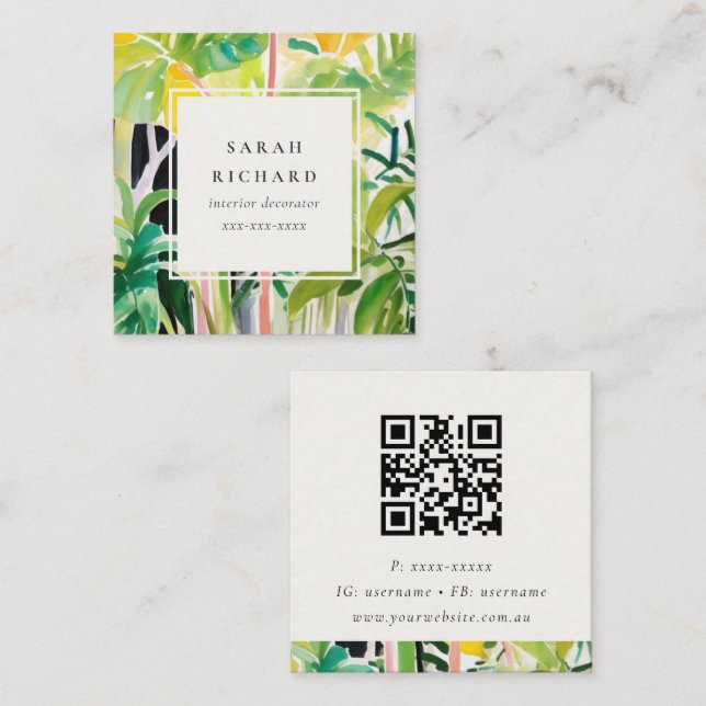 Tarjeta De Visita Cuadrada Boho Green Tropical Leaf Foliage Botanical QR Code (Anverso / Reverso)