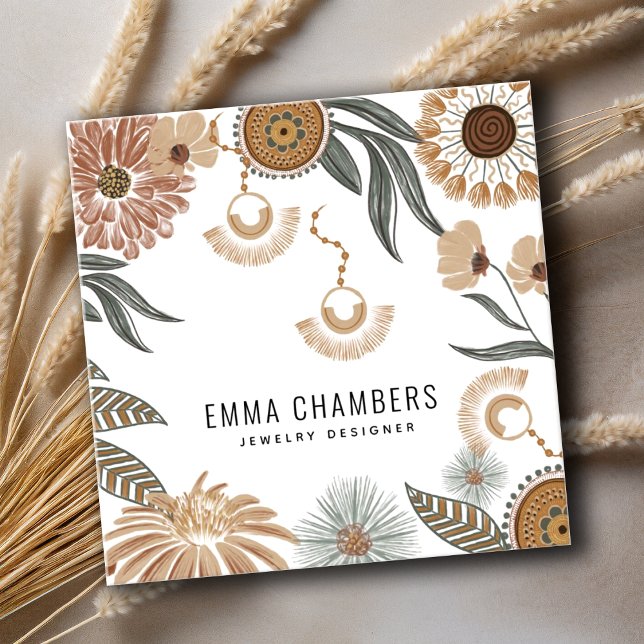 Tarjeta De Visita Cuadrada Boho Jewelry Designer Tropical Floral (Subido por el creador)
