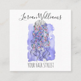 Tarjeta De Visita Cuadrada Boho Moda Morple Bride Hairstyle Watercolor Floral