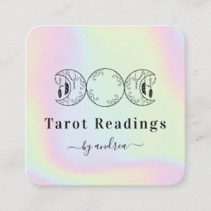 Tarjeta De Visita Cuadrada Boho Triple Moon Feather Holographic Energy Healer
