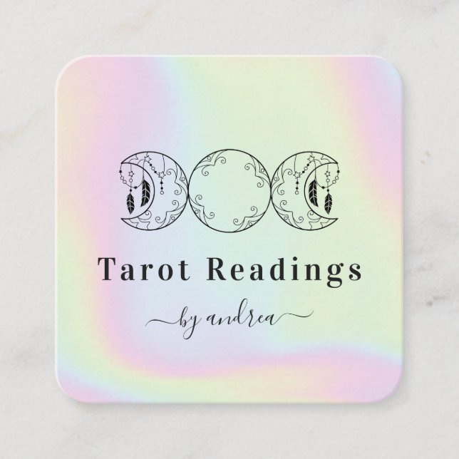 Tarjeta De Visita Cuadrada Boho Triple Moon Feather Holographic Energy Healer (Anverso)